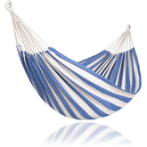 SUNCREAT front view blue white stripes hammock showing full bed and pattern for relaxing comfort