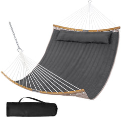 SUNCREAT front view dark gray hammock showing full spreader bar and bed comfort
