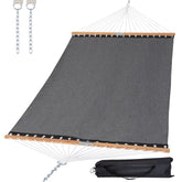 SUNCREAT front view dark gray hammock showing full spreader bars and bed benefit: stable lounging