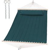 SUNCREAT front view showing dark green quilted hammock and spreader bars for comfy lounging