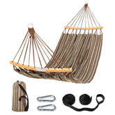 SUNCREAT front view of brown double hammock showing full bed and spreader bar comfort
