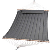 SUNCREAT front view gray hammock showing full quilted bed and spreader bars for comfortable lounging