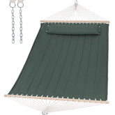 SUNCREAT front view of green gray hammock showing full bed and spreader bars for visual appeal