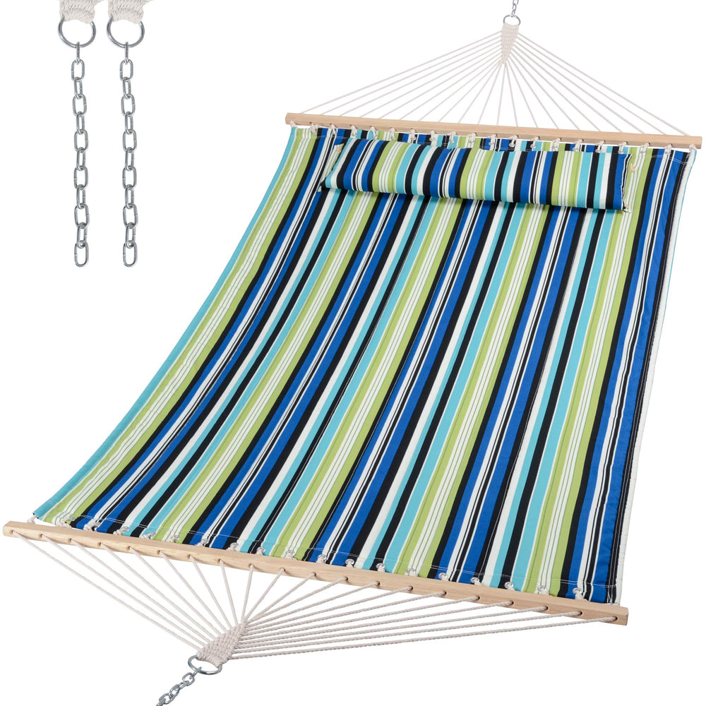 SUNCREAT front view green stripes hammock showing full bed and spreader bars for comfortable lounging