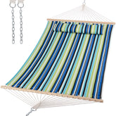 SUNCREAT front view green stripes hammock showing full bed and spreader bars for comfortable lounging