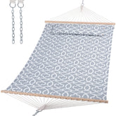 SUNCREAT front view of grey-pattern hammock showing full bed and spreader bar comfort