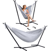 SUNCREAT front view of full hammock set showing convertible stand and large bed comfort
