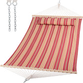 SUNCREAT front view red-striped hammock showing full bed and spreader bar benefit comfort