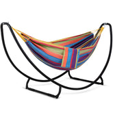 SUNCREAT front view of hammock and stand, shows complete setup and stability