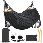 SUNCREAT dark gray hammock front view showing roomy bed and design for two people