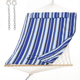 SUNCREAT front view of blue-striped hammock showing comfortable bed and style benefit
