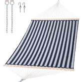SUNCREAT front view of blue hammock showing full bed and spreader bars for easy lounging