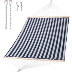 SUNCREAT front view of blue hammock showing full bed and spreader bars for easy lounging