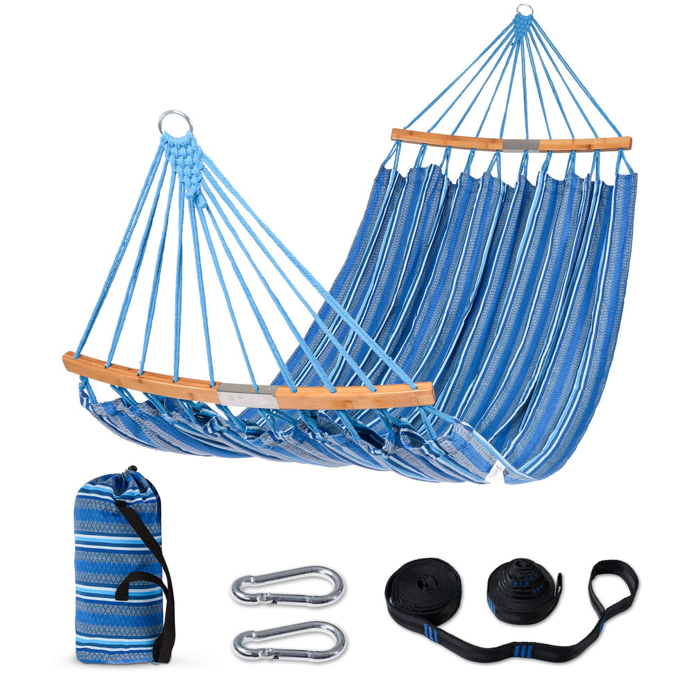 SUNCREAT hammock front view showing roomy two-person bed and blue fabric comfort