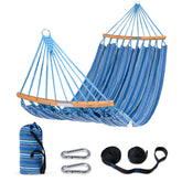 SUNCREAT hammock front view showing roomy two-person bed and blue fabric comfort