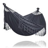 SUNCREAT front view dark gray double hammock showing full bed and tassels for comfortable lounging