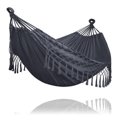 SUNCREAT front view dark gray double hammock showing full bed and tassels for comfortable lounging