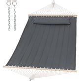 SUNCREAT front view of gray two-person quilted hammock showing padded bed and spreader bars, inviting relaxation