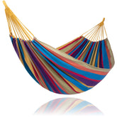 SUNCREAT hammock front view showing colorful striped bed and full-size comfort