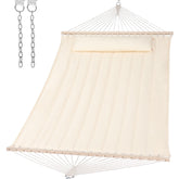 SUNCREAT front view of beige hammock showing full bed and spreader bars for comfortable lounging