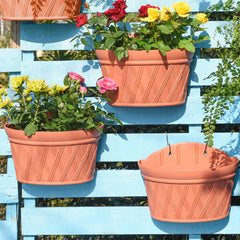 Sungmor front view showing brick red hanging planters and hooks for quick installation