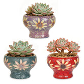 Sungmor front view of three colorful ceramic planters showing shape and color appeal