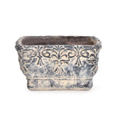 Sungmor front view of vintage embossed cement pot showing decorative appeal and stability