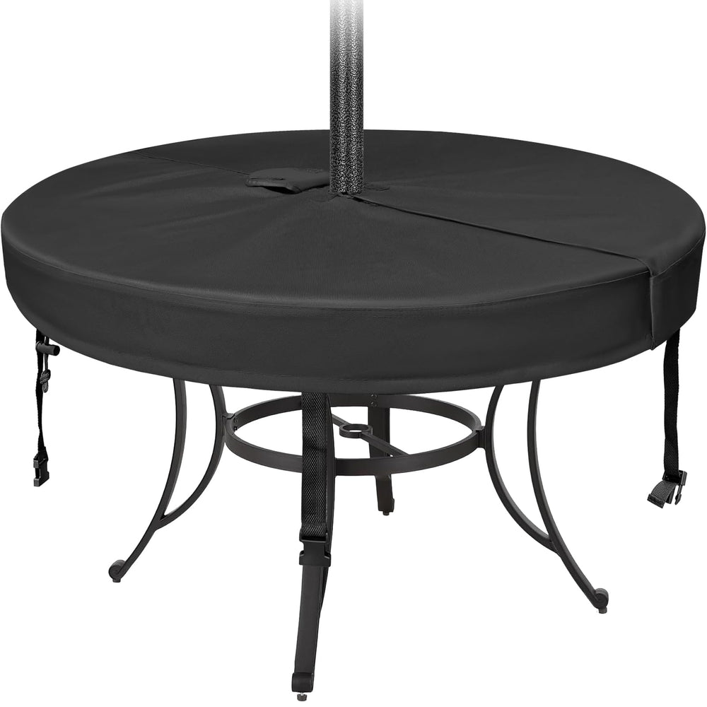SUNICO front view of 60-inch round cover showing full table protection and neat fit