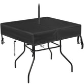 SUNICO front view of black square table cover protecting tabletop outdoors