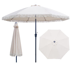 SUNNYARD front view showcasing fringe and full canopy for stylish shade