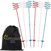 Sunnydaze front packaging showing six patriotic drink stakes and travel bag benefit