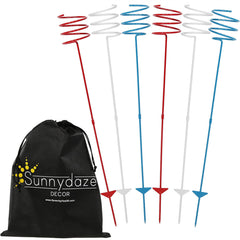 Sunnydaze front packaging showing six patriotic drink stakes and travel bag benefit