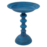 Sunnydaze front view of blue patina bird bath showing compact elegance and curb appeal