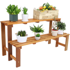 Sunnydaze Decor front view showing full-width two-tier plant stand and stable display