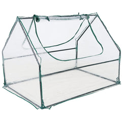 Sunnydaze front view of mini greenhouse showing compact footprint and clear PVC benefits