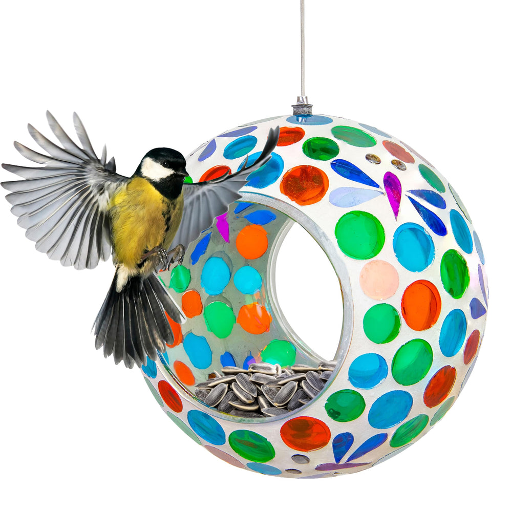 Sunnydaze front view showing colorful mosaic and inviting design for bird attraction