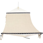 Sunnydaze hammock front view showing full bed and spreader bars for comfortable lounging