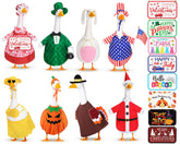 Sunnymove front view of eight seasonal goose outfits showing variety and vibrant colors