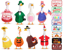Sunnymove front view of eight seasonal goose outfits showing variety and vibrant colors