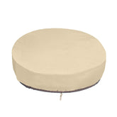 SunPatio cover front view protecting round daybed, visible fit and protection
