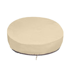 SunPatio cover front view protecting round daybed, visible fit and protection