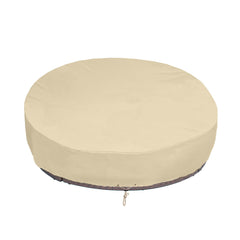 SunPatio cover front view protecting a round daybed, weather protection