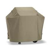 SunPatio cover front view showing full taupe protection and neat fit