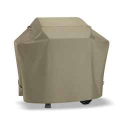 SunPatio cover front view showing full taupe protection and neat fit