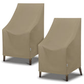 SunPatio front view of taupe high-back chair covers protecting furniture outdoors