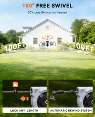 SUNPOW hose fully extended across lawn for wide 100ft reach