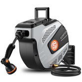 SUNPOW front view of retractable hose reel showing compact storage benefit