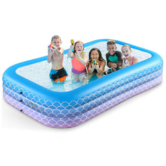 Sunrio front view of full-sized inflatable pool showing roomy layout and bright colors