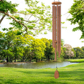 Suntimber front view of bronzed wind chimes showing elegant outdoor decor benefit