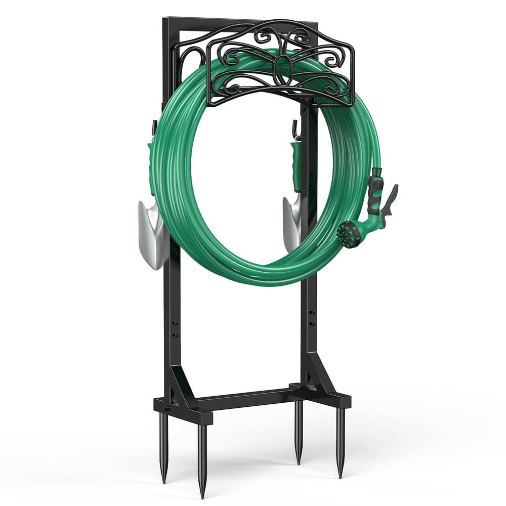 Sunvigor front view of assembled freestanding hose holder showing tidy storage benefit